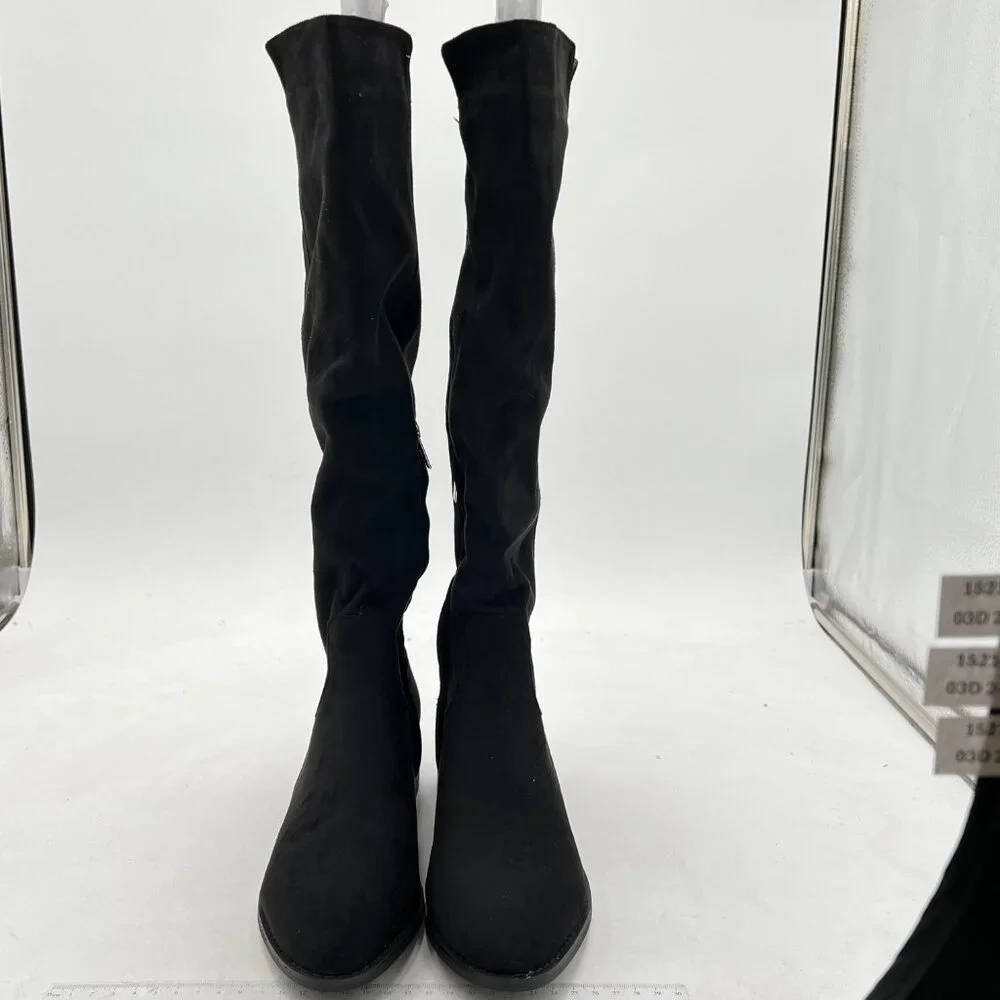 Black Suede Women Over The Knee Boots Comfy Chunky Heel Side Zipper Office Shoe